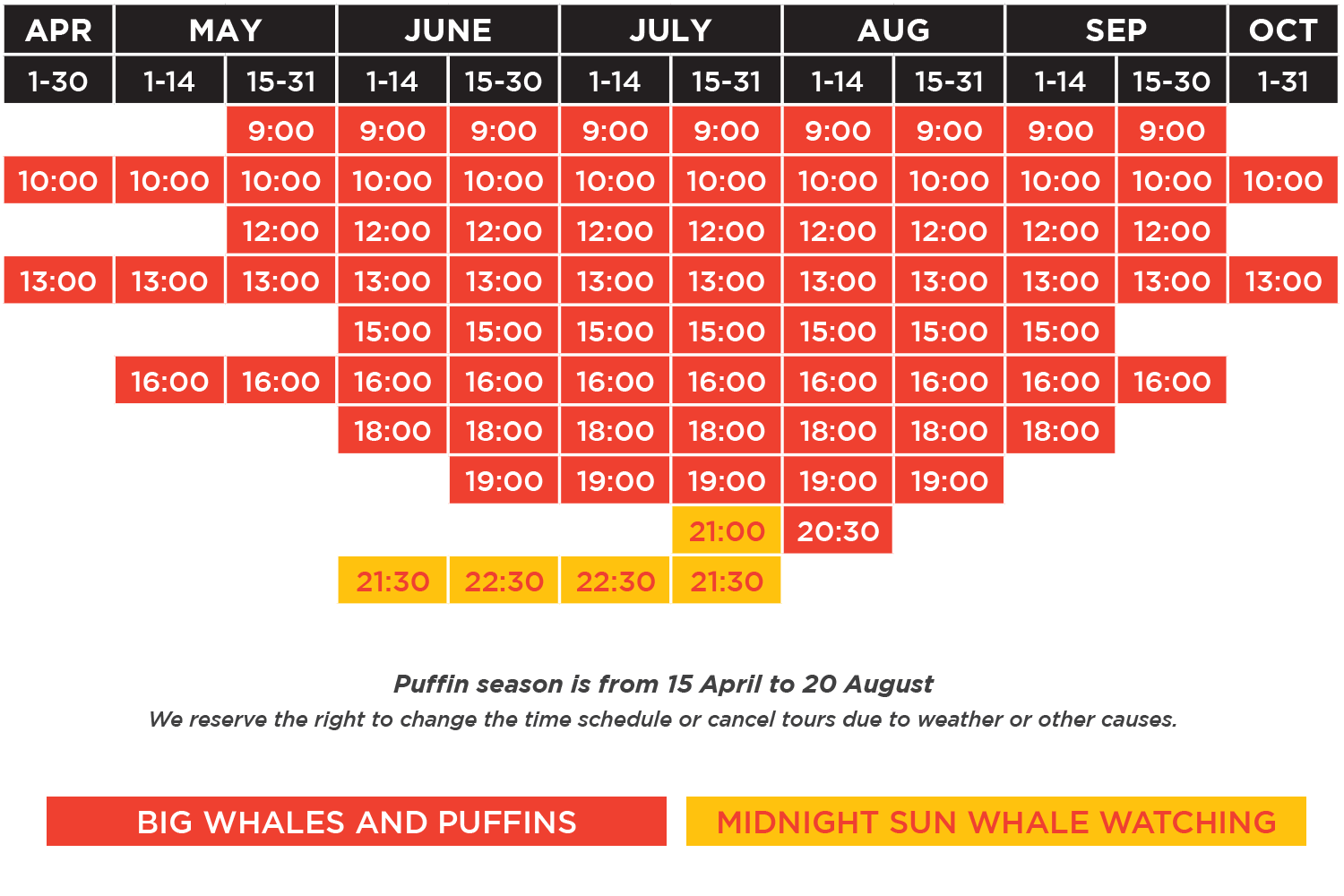 Whale Watching Timetable 2024